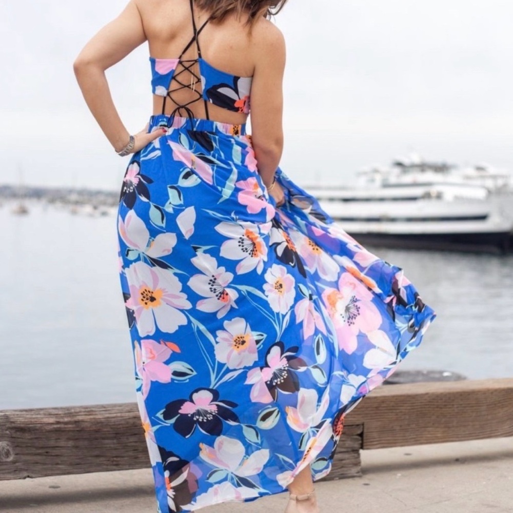 NWT Size small Express Blue Floral Maxi Dress with Pink and Black Accents - Picture 2 of 8